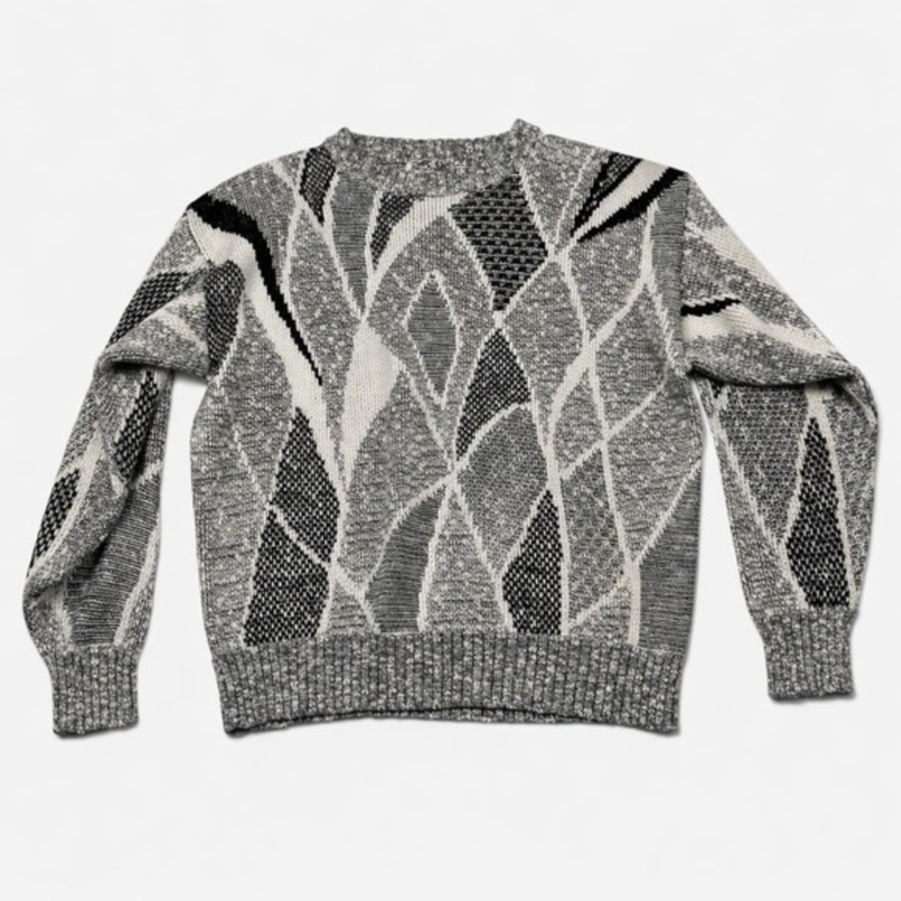 Vintage City Streets Mens Large Geometric Knit Sweater Crewneck Grey White Black